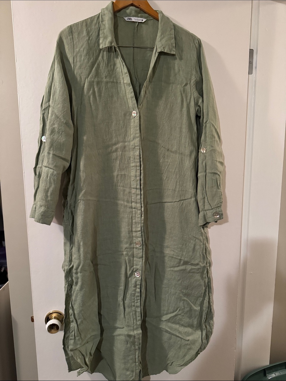 Zara Light Olive Green Button-Front Long Shirt Dress